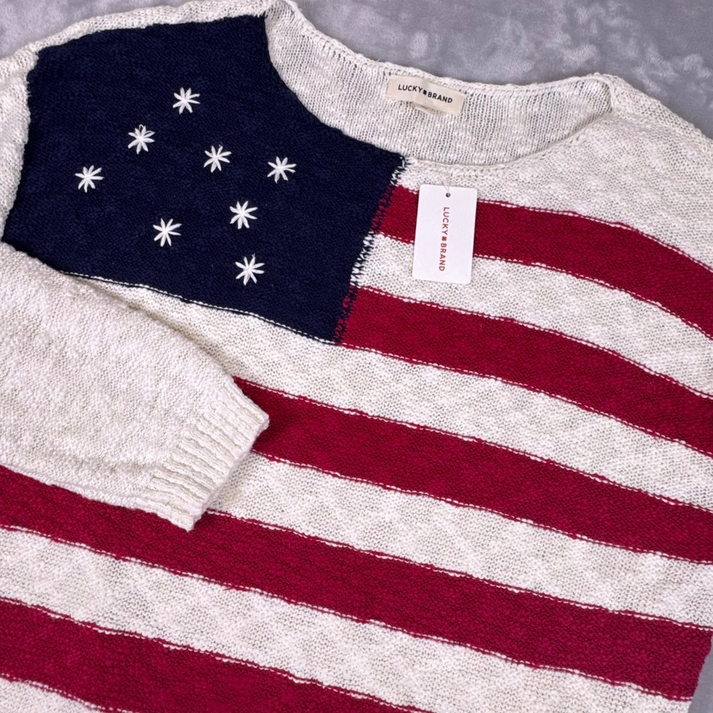Lucky Brand Womens American Flag Knit Sweater Red White Blue Stars Size L NEW
